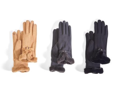 Three pairs of gloves in tan, gray, and black, each with a small buckle and fur trim, displayed on a white background.