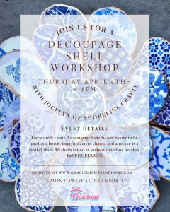 Decoupage Shell Workshop event flyer with blue and white patterned shells as the background.