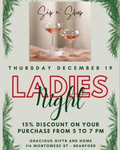 Flyer for a Sip n’ Shop Ladies Night event with two glasses of rosé, offering 15% discount on December 19, 5-7 PM.