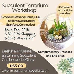 Flyer for a succulent terrarium workshop with event details, pricing, and an image of a glass terrarium with succulents.