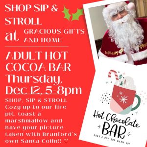 Event flyer for a holiday hot cocoa bar with Santa, taking place on December 12 from 5-8pm at Gracious Gifts and Home.