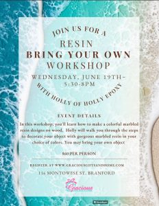 Flyer for a resin art workshop on June 19th in Branford, featuring marbled resin designs and registration details.