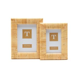 Two rectangular, light wood picture frames are displayed side by side, one slightly taller than the other.
