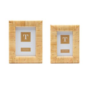 Two rectangular, light wood picture frames of different sizes displayed side by side on a white background.