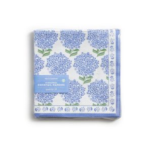 Pack of blue and white cocktail napkins with a hydrangea floral pattern and labeled packaging.