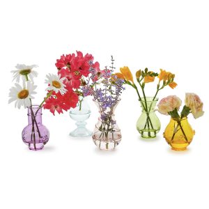 Five small vases in various colors with different fresh flowers arranged in each, set against a white background.