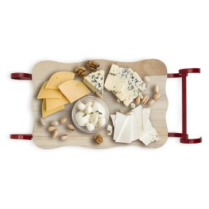 A wooden tray with assorted cheeses, nuts, and a small bowl of mozzarella balls, viewed from above.