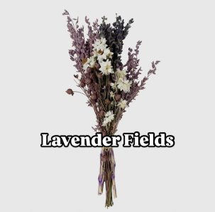 A bouquet of dried lavender and white flowers with the text "Lavender Fields" overlaid in bold letters.