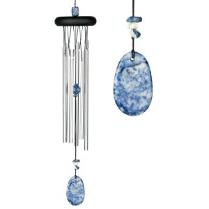 Blue and white wind chime with silver metal tubes and stone-like pendants, shown hanging against a white background.