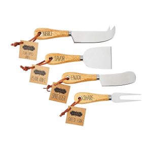 Four cheese knives with wooden handles and labeled tags: fork-tipped knife, plane knife, spreader, and cheese fork.