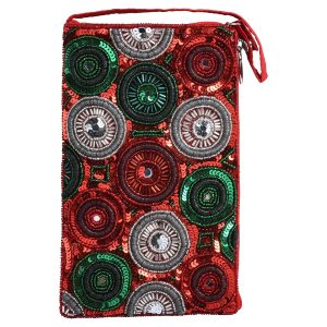 A rectangular pouch with red, green, and silver sequins in circular patterns, featuring a top zipper and handle.