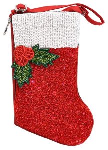Red and white beaded Christmas stocking-shaped pouch with green and red beaded holly decoration and zipper closure.
