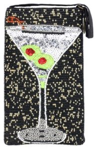Beaded pouch featuring a martini glass with olives design on a black and gold speckled background.