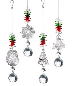 Five Christmas ornaments with crystal drops and silver holiday-themed designs, decorated with red and green beads.