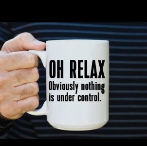 A hand holds a white mug that reads, "OH RELAX Obviously nothing is under control," against a striped shirt background.