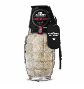 Clear plastic grenade-shaped container labeled "A Salt Weapon" filled with a salt blend, with a dog tag attached.