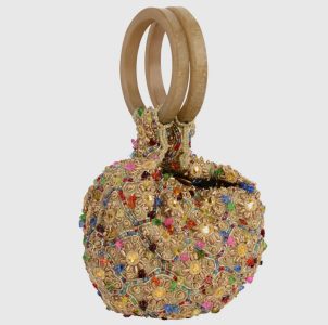 A beaded and embroidered handbag with floral patterns, colorful beads, and two round wooden handles.