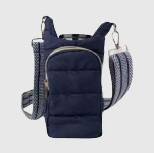 A navy blue quilted water bottle holder with a front zippered pocket and detachable striped shoulder strap.