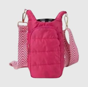 A pink insulated bottle holder bag with a front pocket and a detachable chevron-patterned shoulder strap.