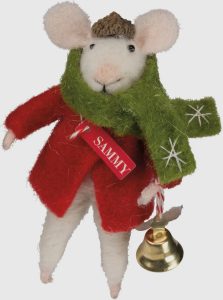 Felt mouse ornament wearing a red coat, green scarf, acorn hat, and holding a bell with a name tag that reads "Sammy.