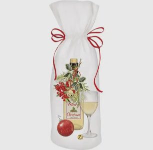 White gift bag with a Christmas wine bottle, glass of white wine, red ornament, and red ribbon accents.