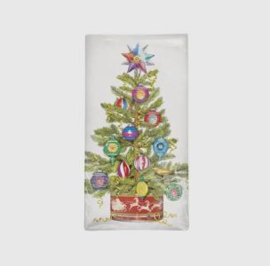 A decorated Christmas tree with colorful ornaments and a star topper, set in a red pot with gold designs.