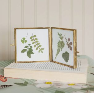 A double glass frame displays pressed green leaves, set on an open book with a patterned table underneath.