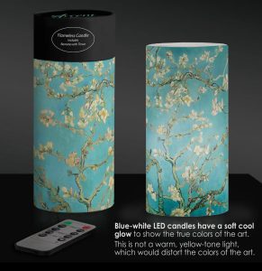A flameless candle with a Van Gogh almond blossom print, remote control, and a cool-toned LED glow is shown.