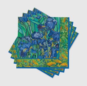 Four square coasters featuring a reproduction of Vincent van Gogh's "Irises" painting on each surface.