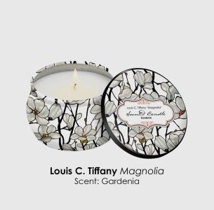 Round candle tin with white magnolia flower design, labeled "Louis C. Tiffany Magnolia." Scent: Gardenia.