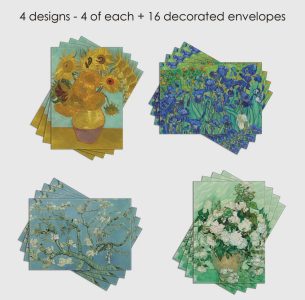 Four stacks of notecards, each with a different floral painting, alongside matching decorated envelopes.