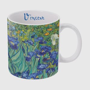 White mug featuring Van Gogh's "Irises" painting with "Vincent" written on the inner rim in blue.