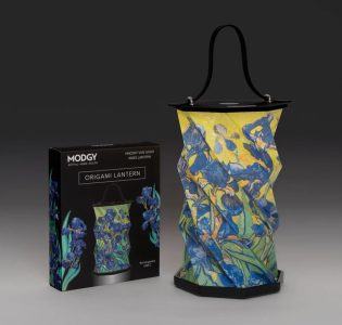 A lantern with Van Gogh's irises design sits next to its packaging labeled "Modgy Origami Lantern.