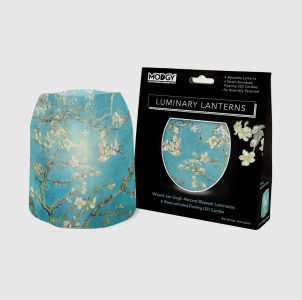 A reusable luminary lantern with a Van Gogh almond blossom design, shown next to its packaging box.