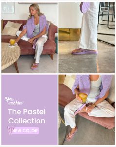 Collage showcasing a woman wearing pastel purple Archies flip flops, featuring the new color from The Pastel Collection.