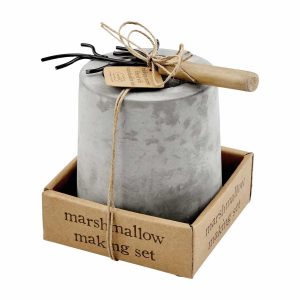 Marshmallow making set with a metal canister, wooden-handled skewer, and packaging labeled “marshmallow making set.”.