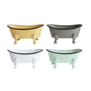 Four small clawfoot bathtub containers in yellow, gray, white, and light green, arranged in two rows.