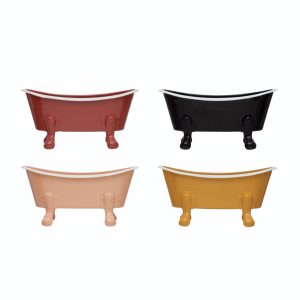 Four miniature clawfoot bathtubs in red, black, beige, and yellow, arranged in a two-by-two grid on a white background.