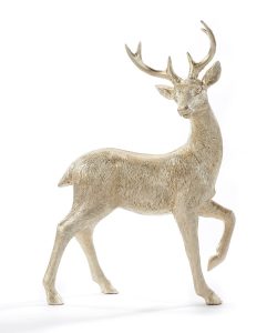 A metallic gold deer figurine with textured fur, standing on three legs with one front leg raised, against a white background.
