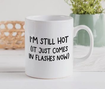 White mug with black text reads: "I'M STILL HOT (IT JUST COMES IN FLASHES NOW)"; green plant in the background.