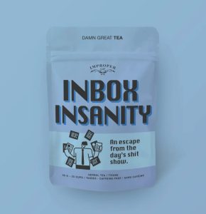 A tea package labeled "INBOX INSANITY" with illustrations of papers and text about escaping daily stress.